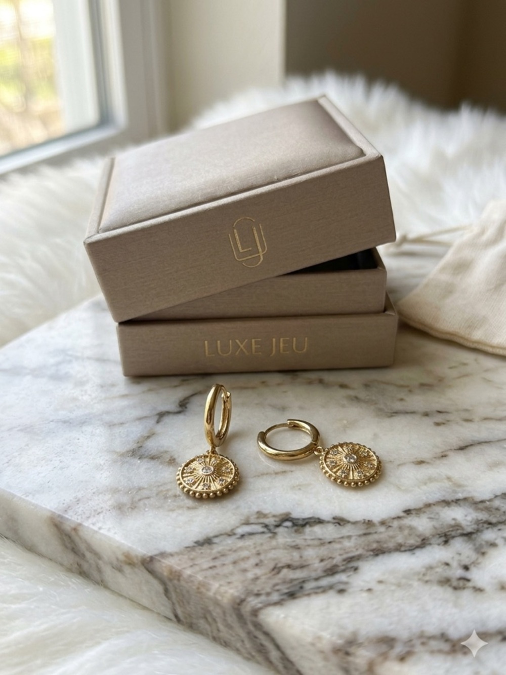 Stainless Steel Gold Sunburst Hinge Hoop Earrings